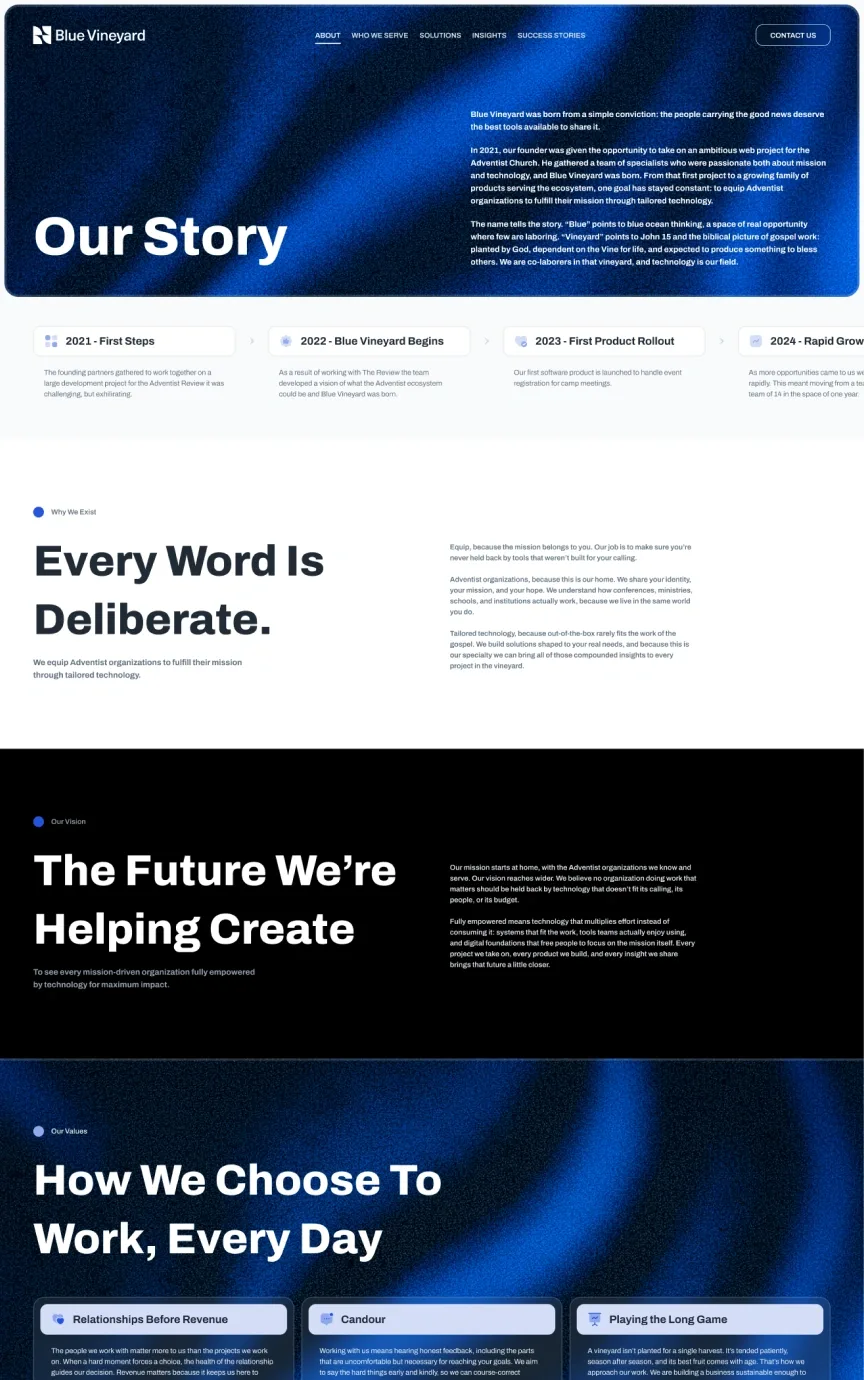 Blue Vineyard — About page, top of the design