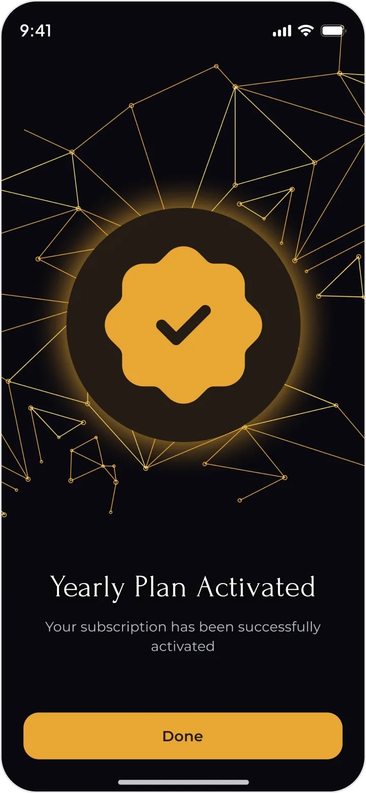 Yearly plan activated: a gold seal with a tick and Done.