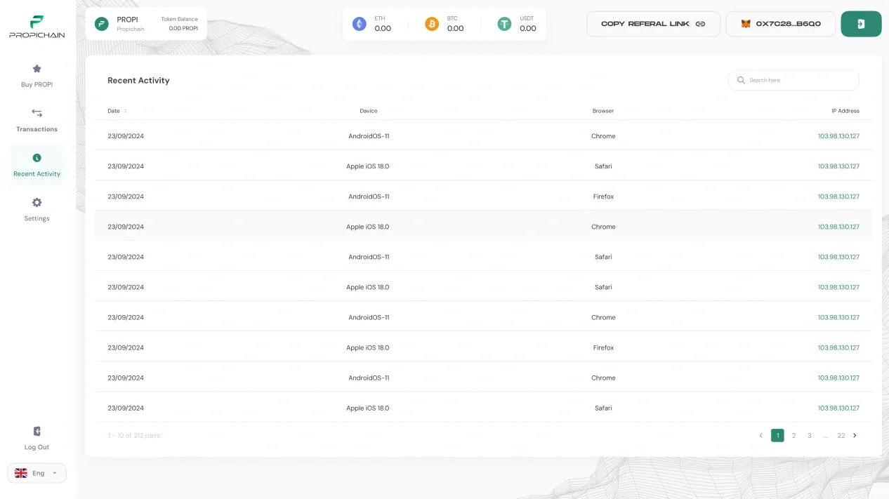 Recent activity: a table of sign-ins with the date, the device, the browser and the IP address.