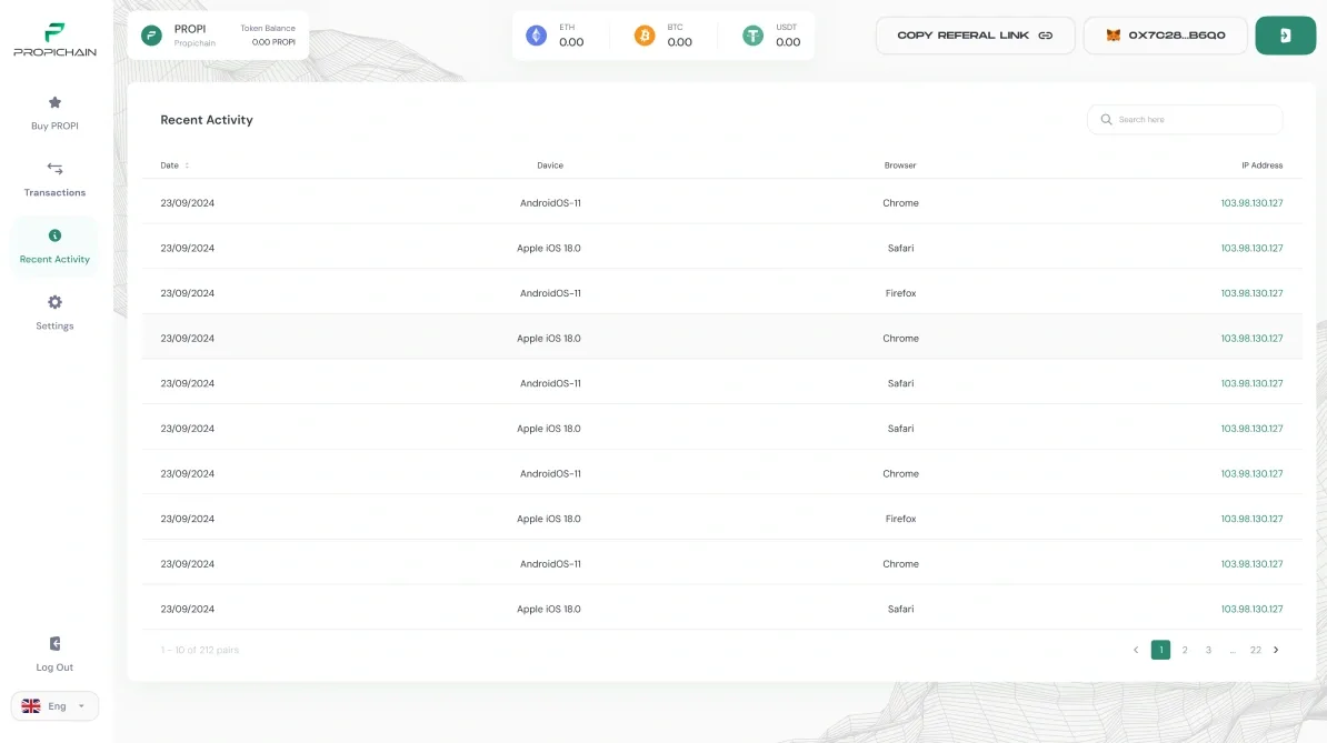 Recent activity: the date, device, browser and IP of every sign-in.