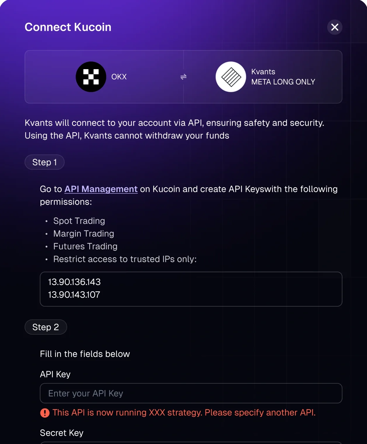 The Connect Kucoin modal: Kvants connects over the API and cannot withdraw funds; step 1 lists the permissions to enable and the IPs to trust, step 2 asks for the keys.