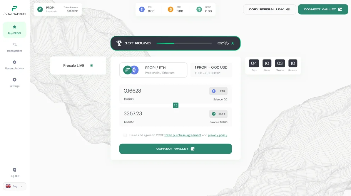 The buy screen before a wallet is connected: the round, the amounts and Connect wallet.