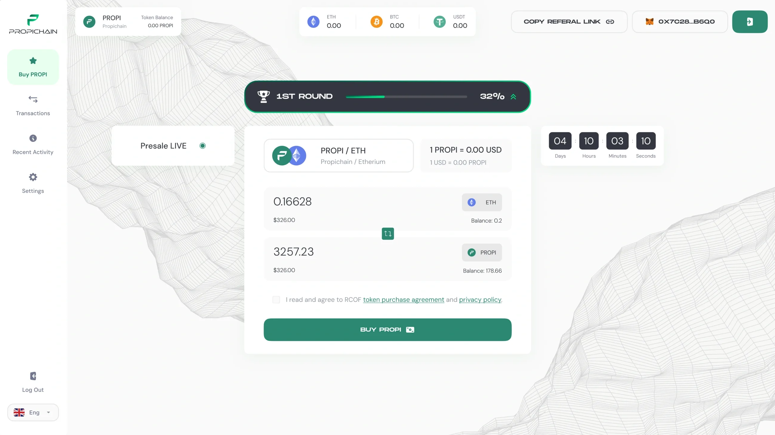 The dashboard: the 1st round at 32%, Presale live, PROPI / ETH at its price, the amounts in ETH and PROPI, the countdown in days, hours, minutes and seconds, and the token purchase agreement to tick before Buy PROPI.