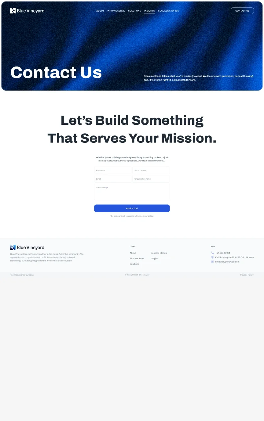 Blue Vineyard — Contact page, top of the design