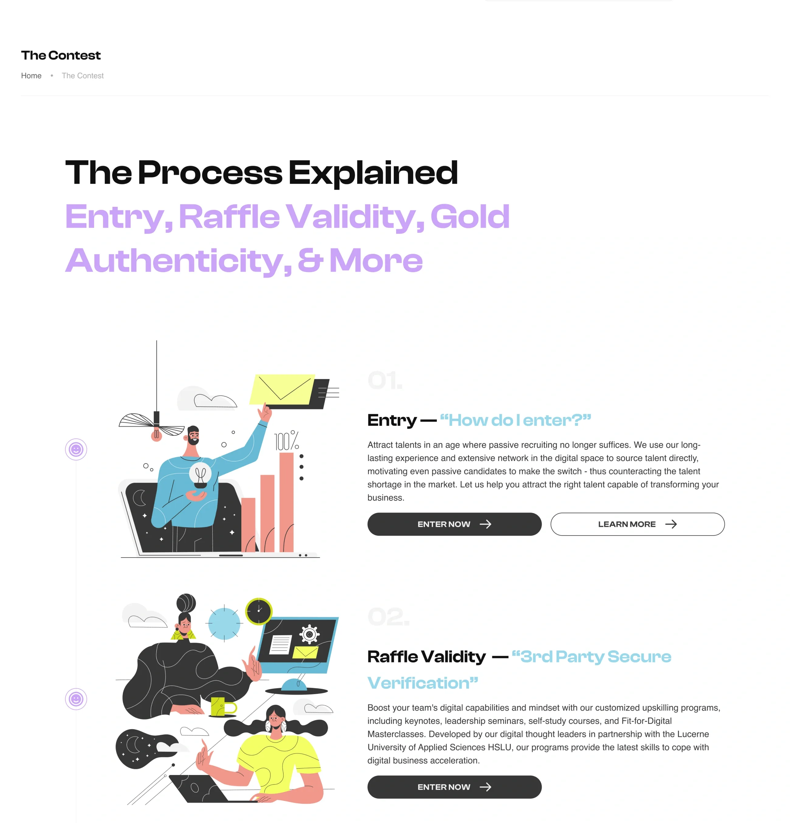 The contest page — “The process explained: entry, raffle validity, gold authenticity & more” — with Entry, “How do I enter?”, and Raffle validity, “3rd party secure verification”, each illustrated.