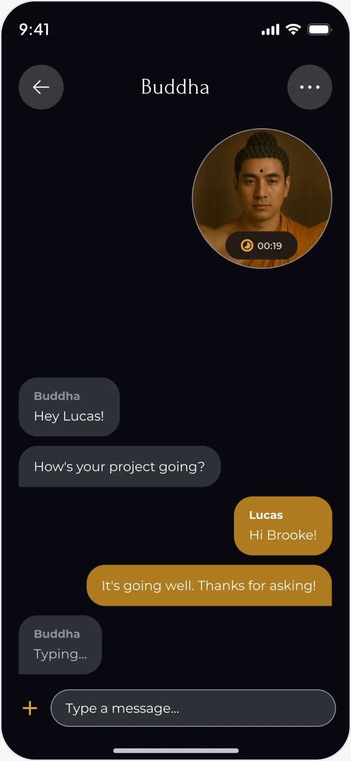 The chat with Buddha, his portrait carrying the timer at 00:19.