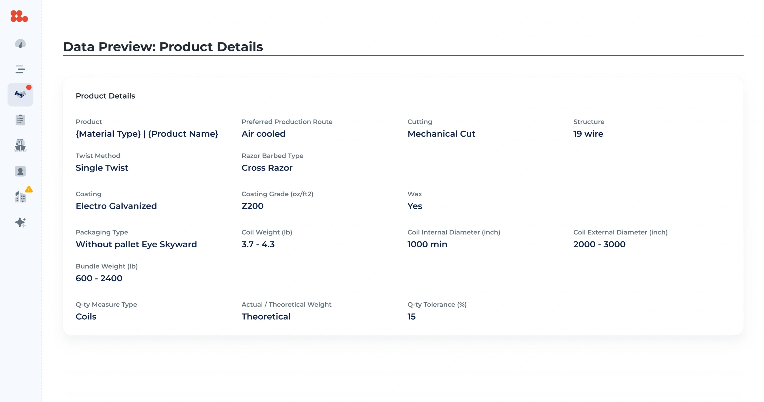 Data preview of the product details: material, production route, coating, structure, packaging, bundle weight and tolerance.