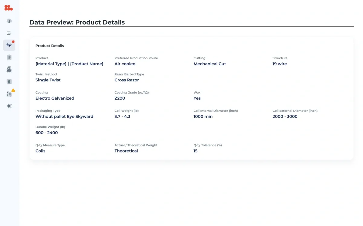 Data preview of the product details, laid out as a template.