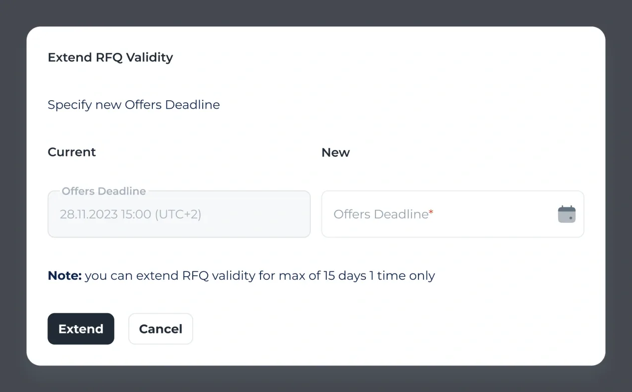 The Extend RFQ Validity dialog: the current and the new offers deadline, and the note “you can extend RFQ validity for max of 15 days 1 time only” above Extend and Cancel.