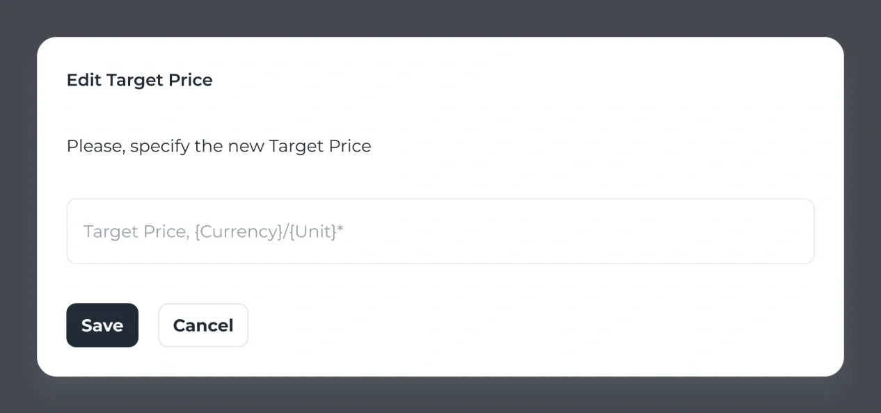 The Edit Target Price dialog: “Please, specify the new Target Price”, one field in the request’s currency and unit, Save and Cancel.