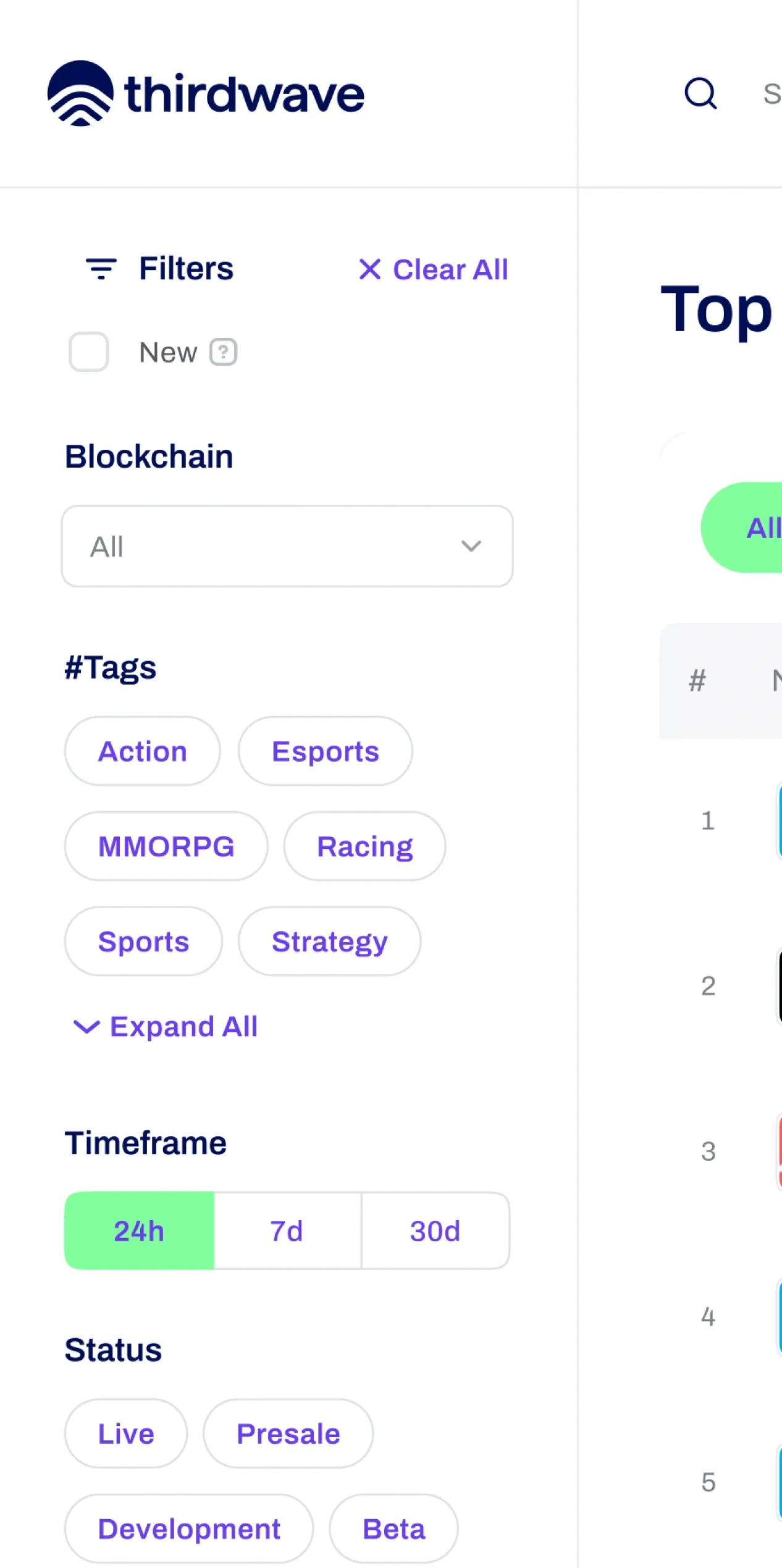 The filter panel beside the table: New, Blockchain, six tags with Expand all, Timeframe 24h / 7d / 30d and Status, with Clear all at the top.