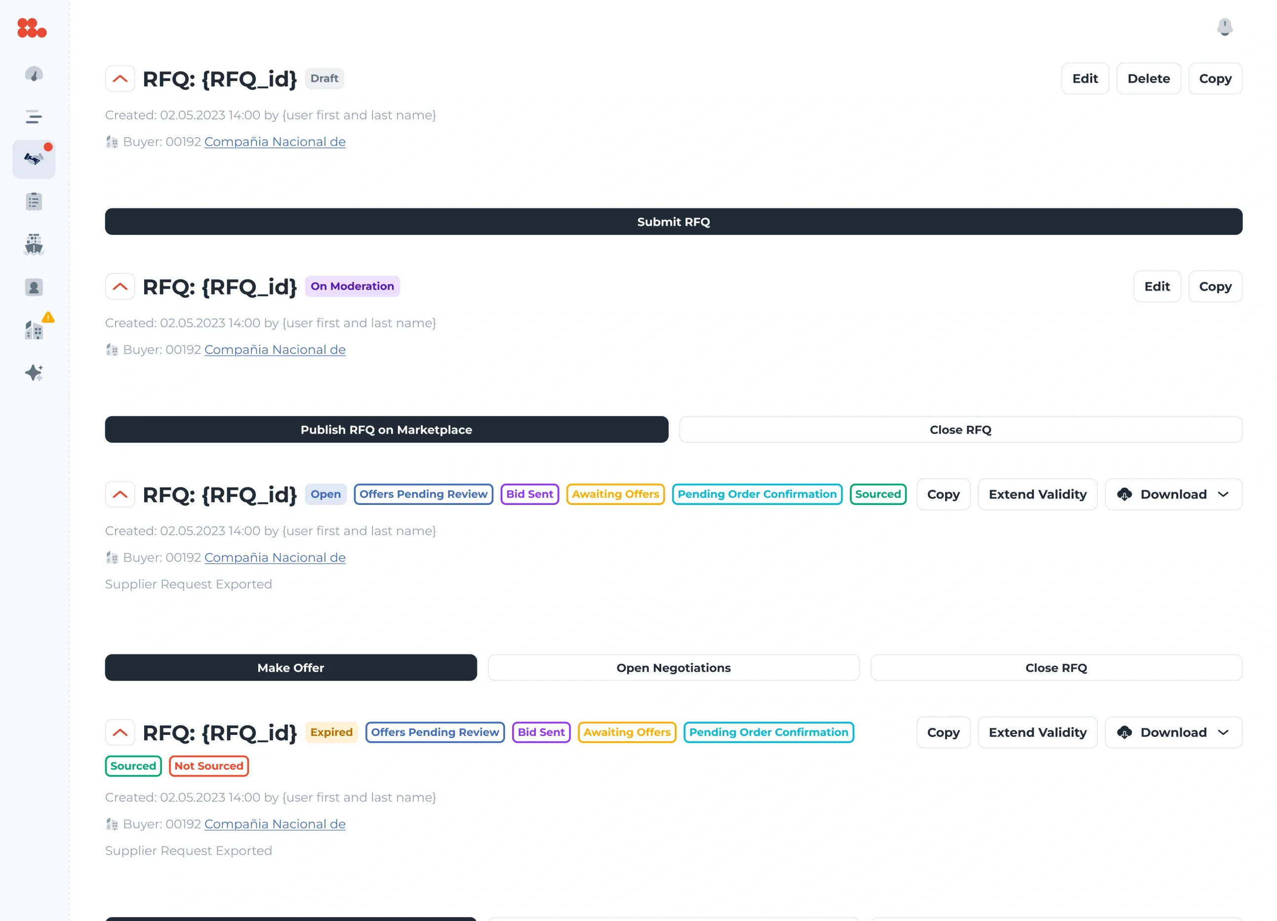 The request header in four states — draft, on moderation, open and expired — with the same layout and only the status chips and the actions changing: submit, publish, make an offer, open negotiations, close.