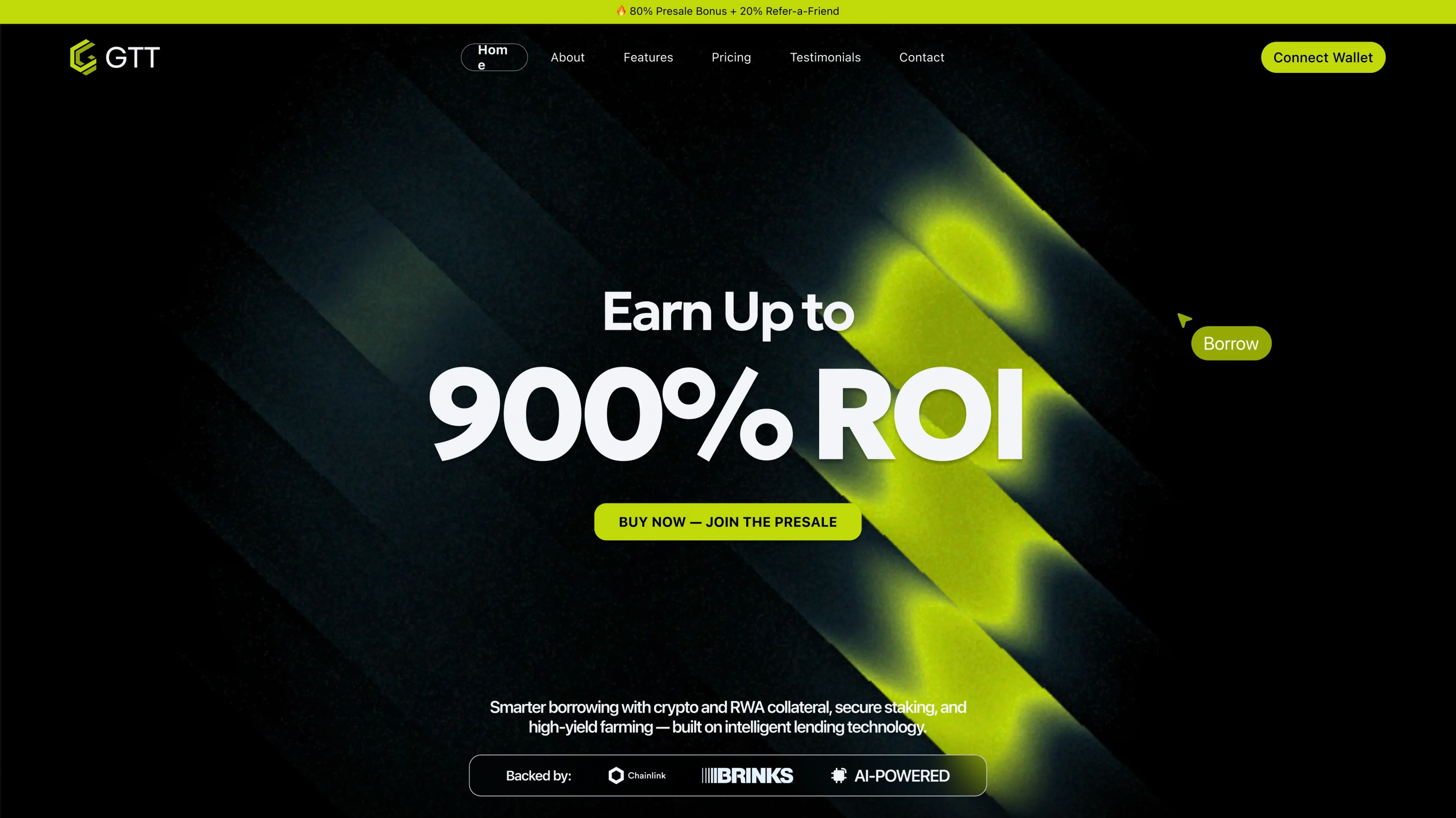 The first screen of the GTT landing: “Earn up to 900% ROI”, Buy now — join the presale, a line on crypto and RWA collateral, the backers row, the countdown and the raise so far.