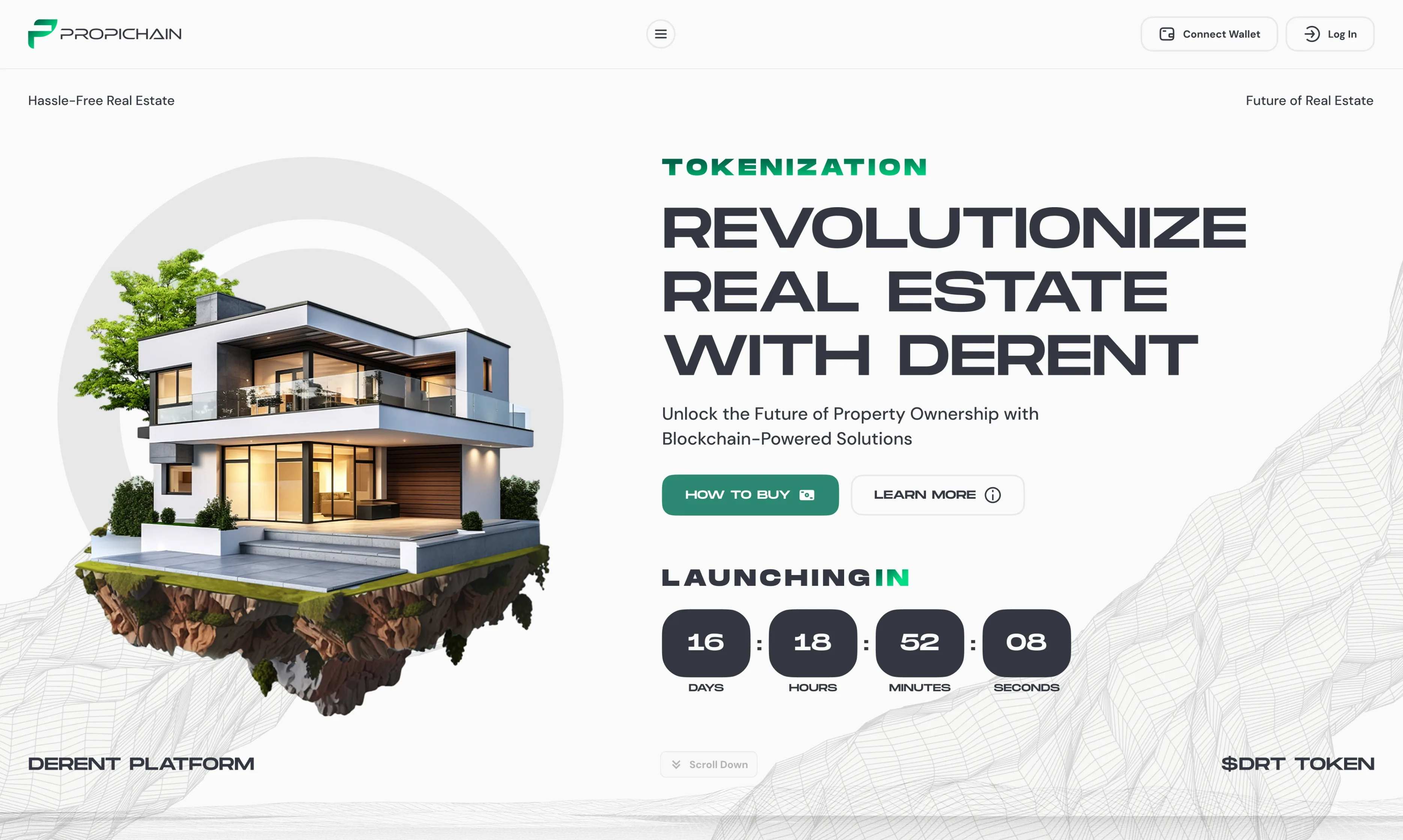 The DeRent landing, first screen: “Tokenization — Revolutionize real estate with DeRent” in wide capitals, a house on a floating island, How to buy and Learn more, and the Launching in countdown.