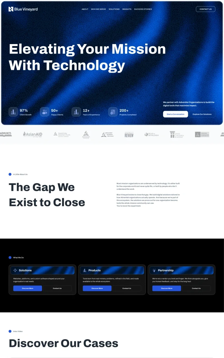 Blue Vineyard — Home page, top of the design
