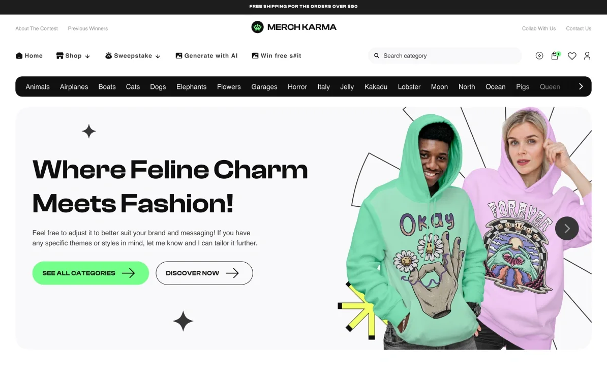 Home: the theme row and “Where feline charm meets fashion!”.