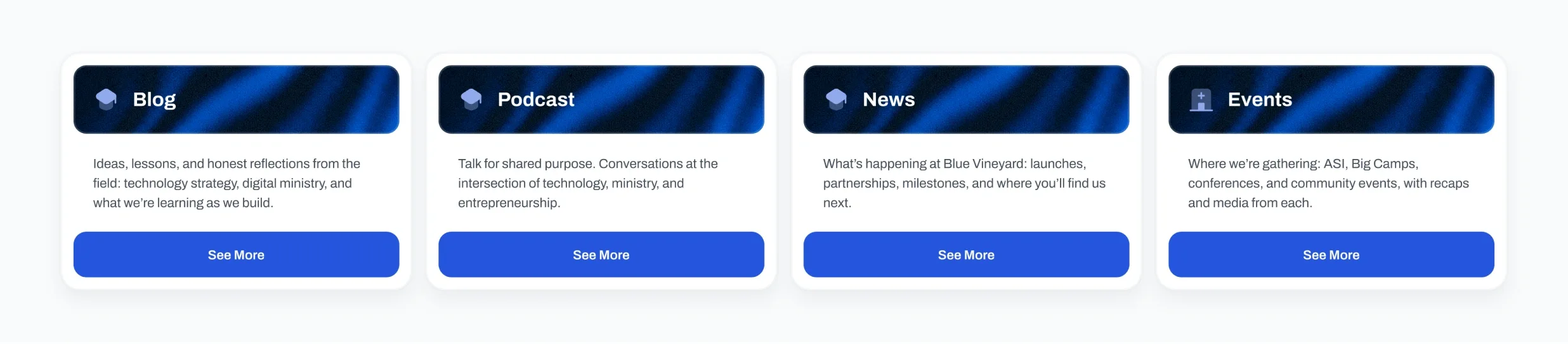 Four cards — Blog, Podcast, News, Events — built from the same component.