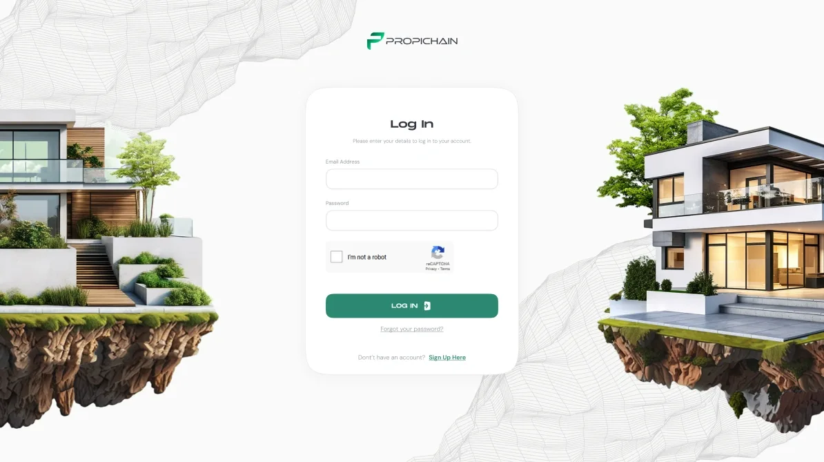 Log in, between two floating houses: email, password, the reCAPTCHA check, Log in, and links to reset the password or sign up.