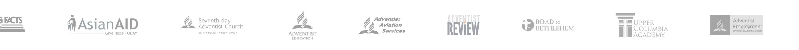 A strip of partner logos: Amazing Facts, Asian Aid, the Seventh-day Adventist Church, Adventist Review and others.