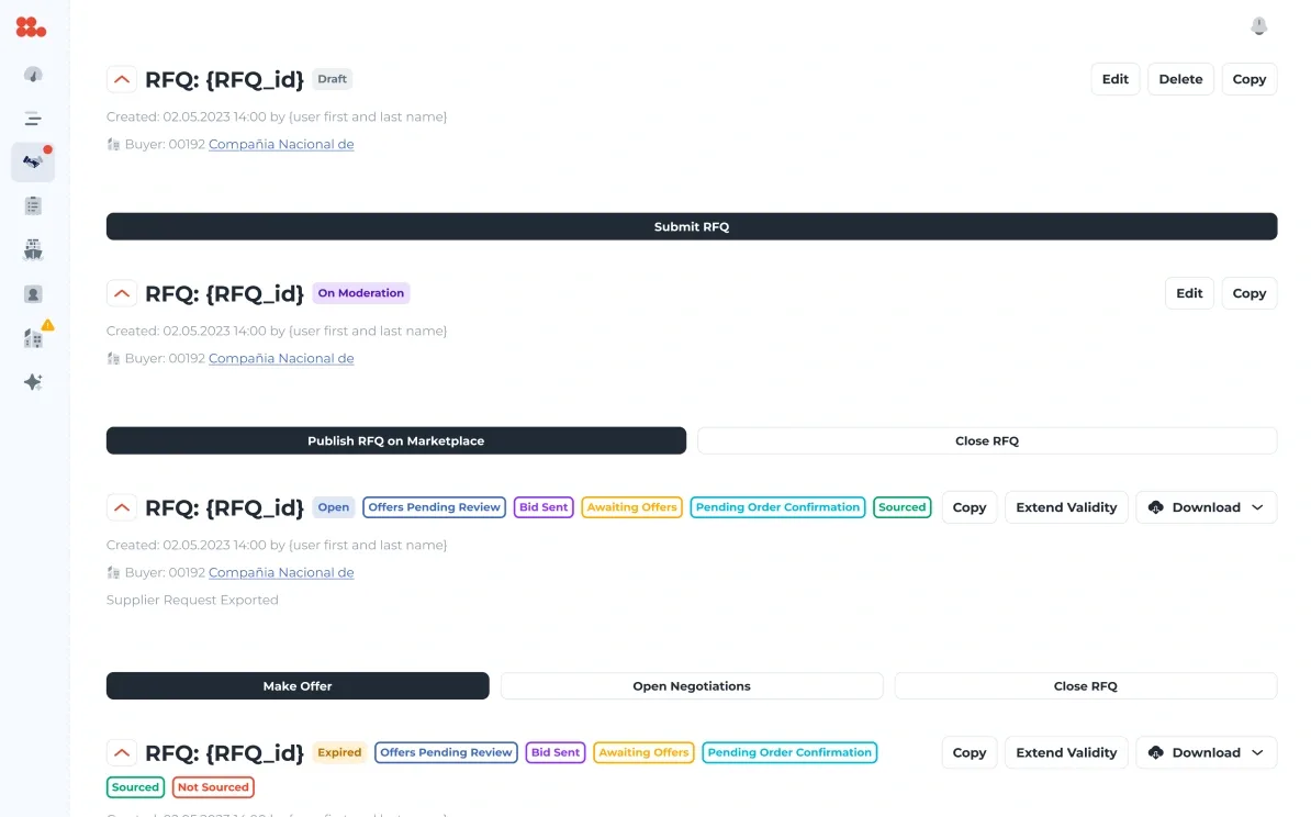 The operator’s request headers: submit, publish to the marketplace, extend validity, close — with the buyer named.