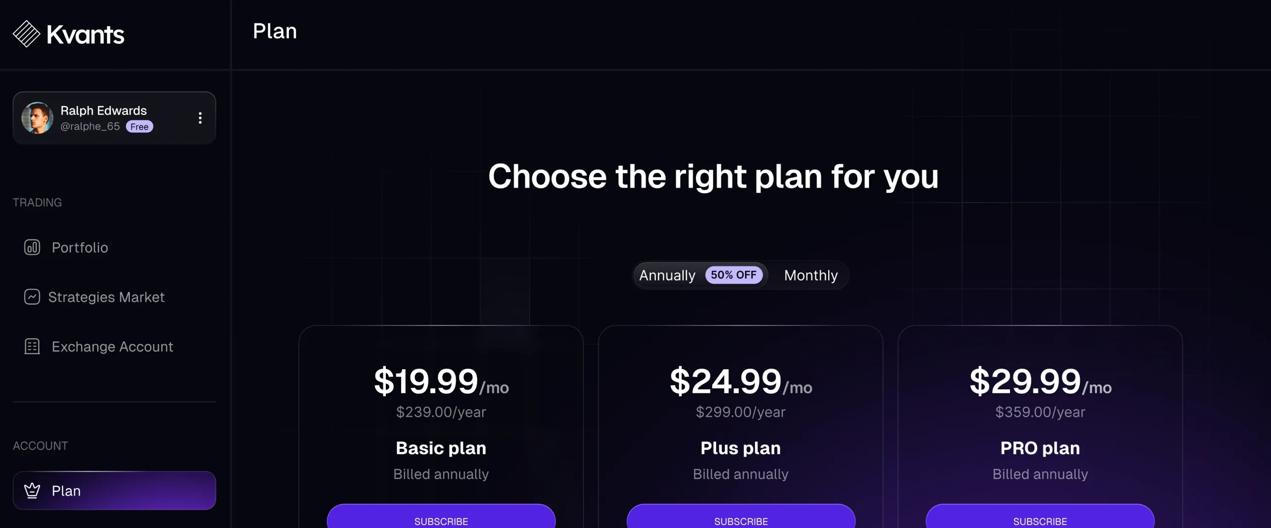 “Choose the right plan for you”: Basic, Plus and Pro plans at $19.99, $24.99 and $29.99 a month, with a monthly or annual switch.