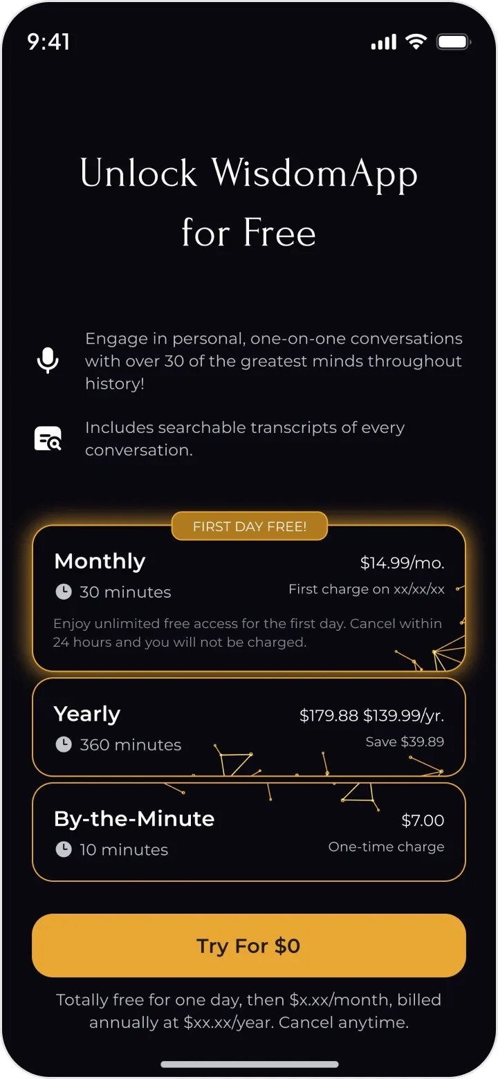 Unlock WisdomApp for free: the monthly, yearly and by-the-minute plans and Try for $0.