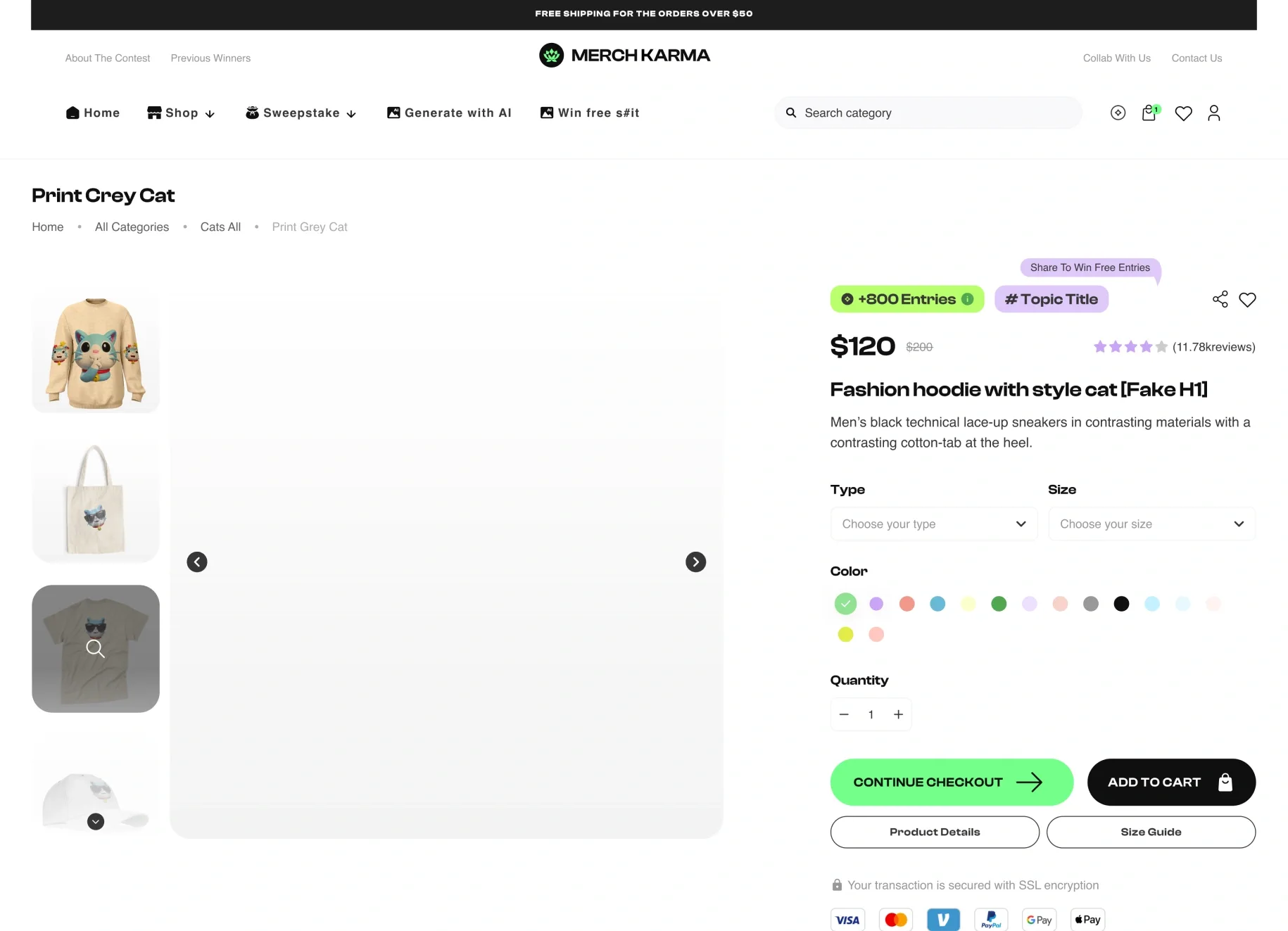 The product page: thumbnails and the gallery on the left; +800 entries and the topic beside the $120 price, the reviews, type, size, colour, quantity, Continue checkout and Add to cart, and the payment marks under them.