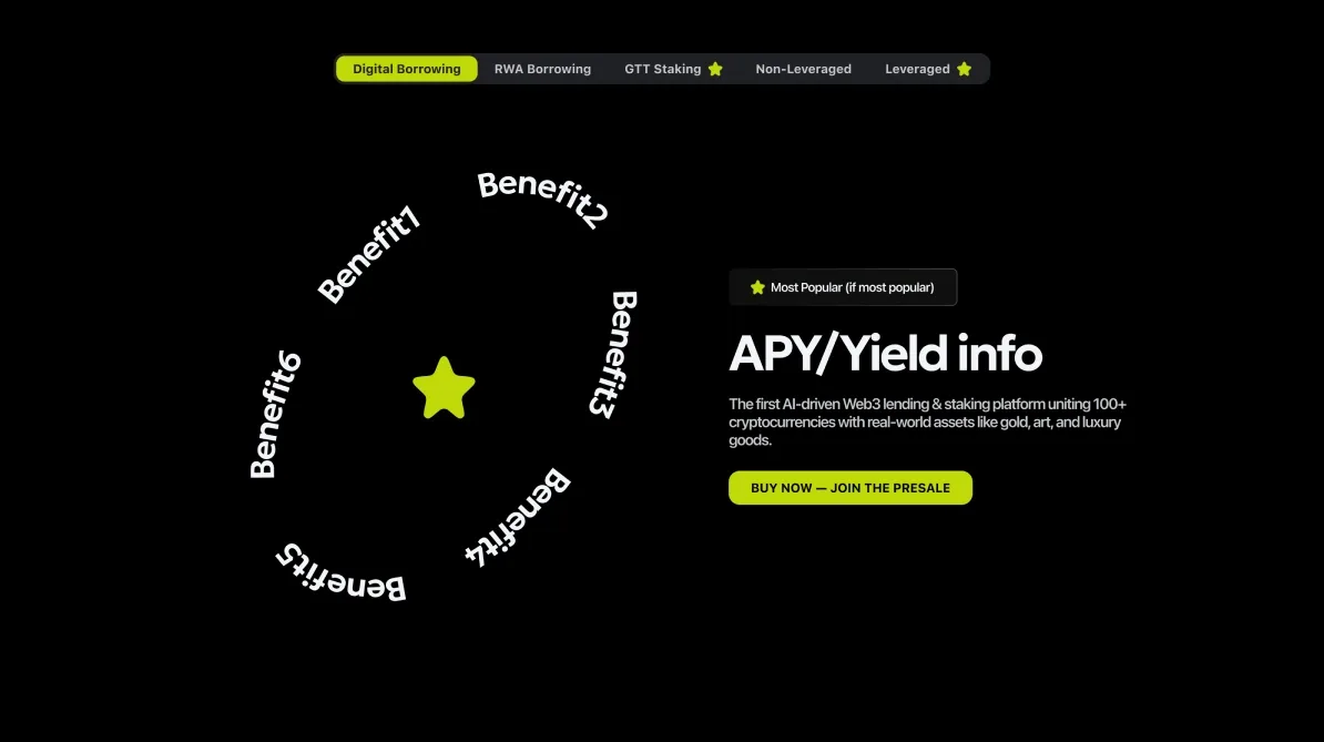 Products: tabs for digital borrowing, RWA borrowing, GTT staking, non-leveraged and leveraged, a ring of benefits, and APY / yield info.