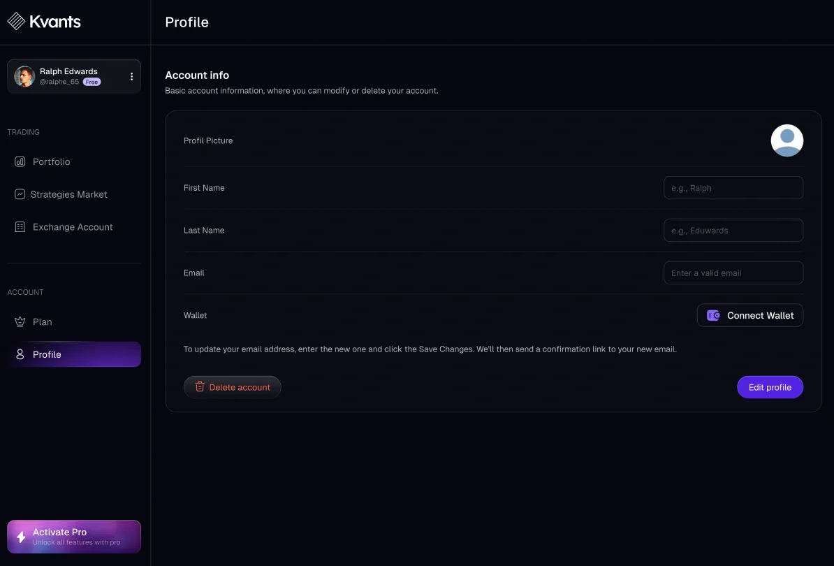 The Profile page: account info — picture, name, email and a wallet to connect — with Delete account and Edit profile.