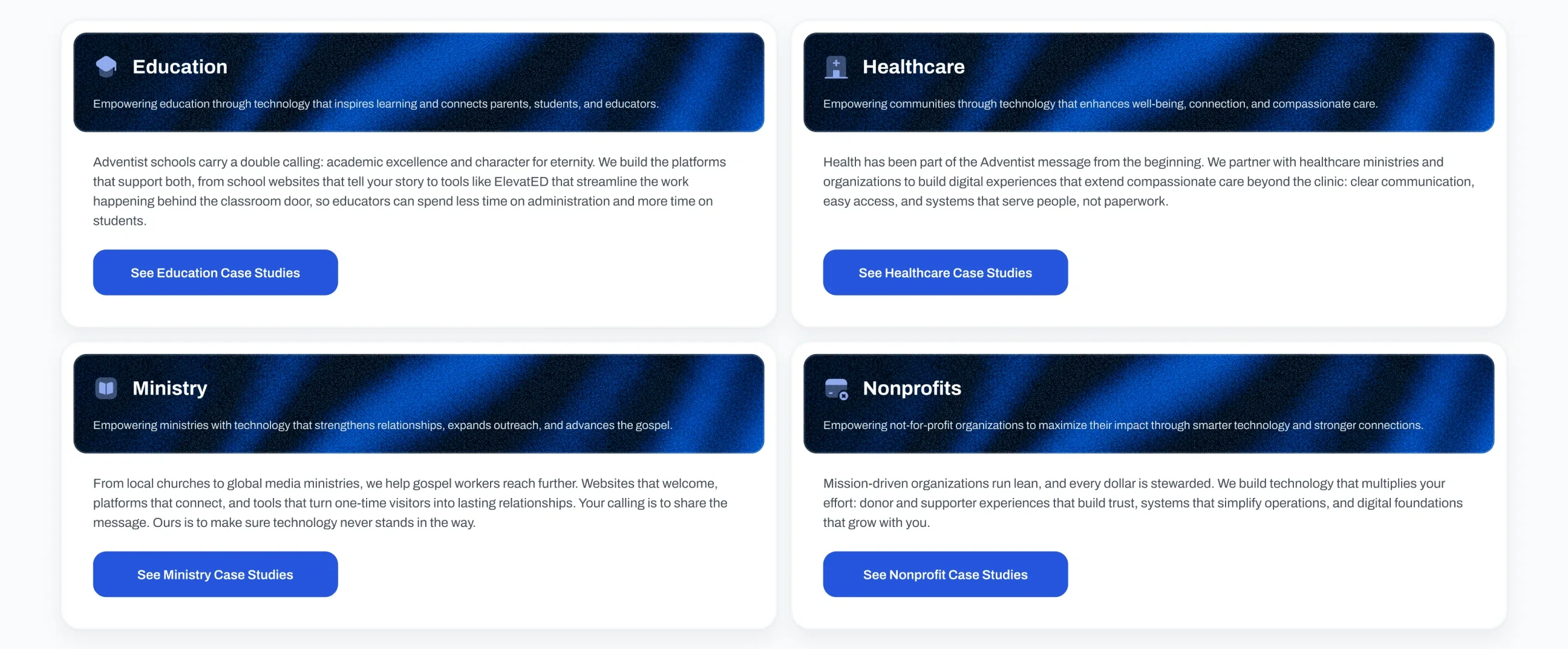 Four sector cards: Education, Healthcare, Ministry and Nonprofits, each with its own copy and case-study button.