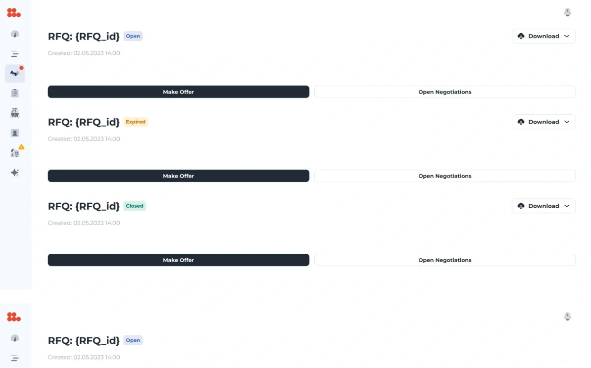 The seller’s request headers: only the status, Download, Make offer and Open negotiations — no buyer anywhere.