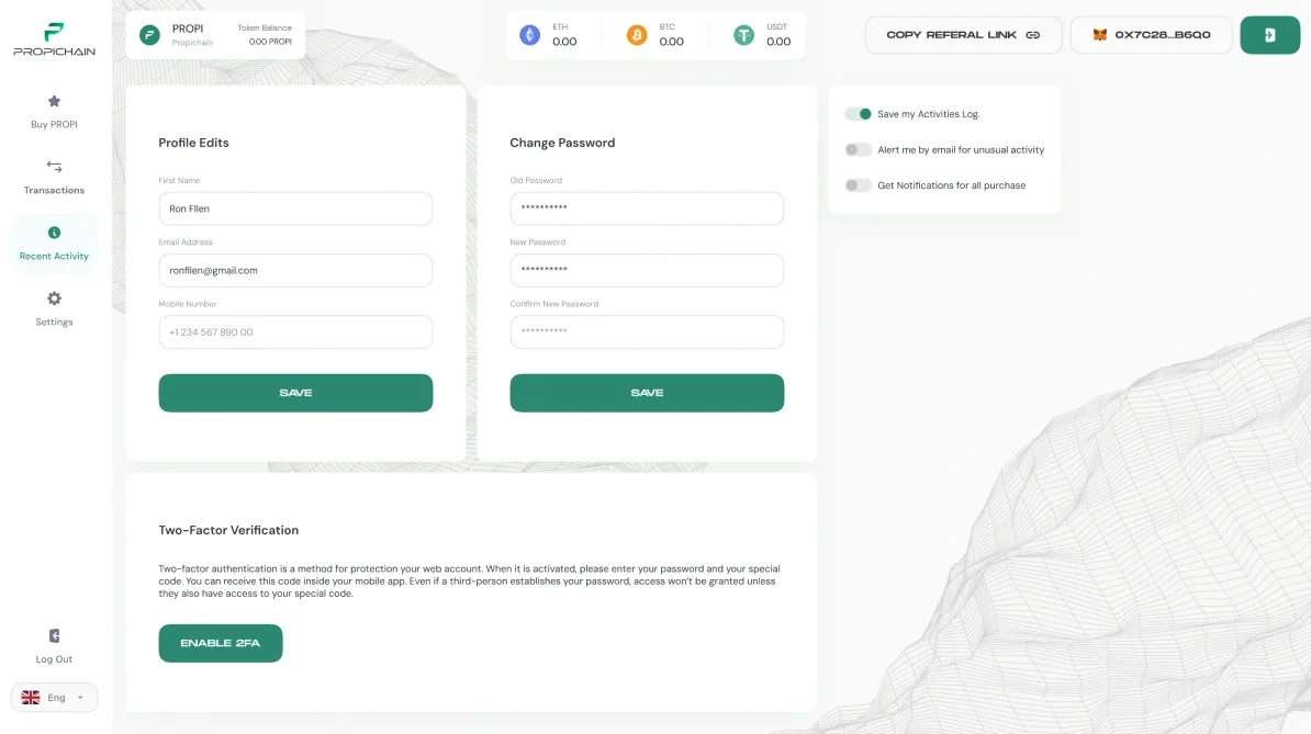 Settings: profile, password and two-factor verification.