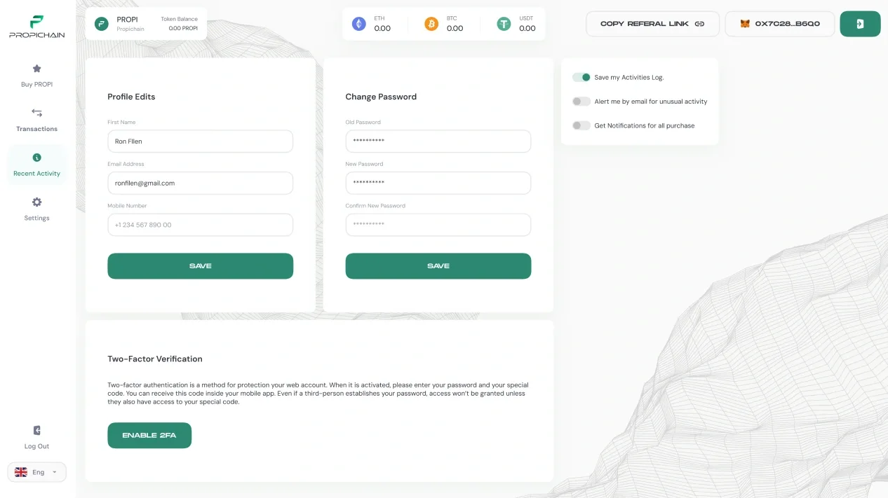 Settings: profile, change password, the notification switches and two-factor verification with Enable 2FA.