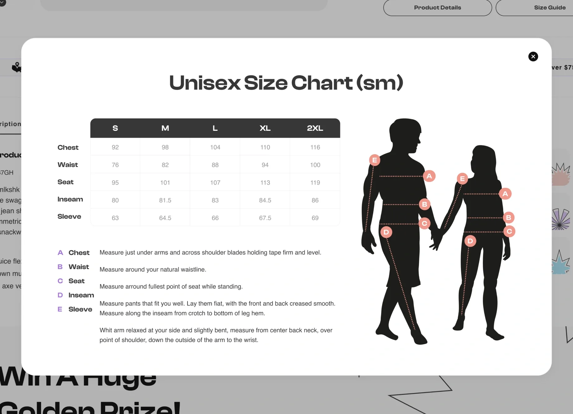 The unisex size chart open over the product page: chest, waist, seat, inseam and sleeve for S to 2XL, how to measure each, and two silhouettes marked A to E.