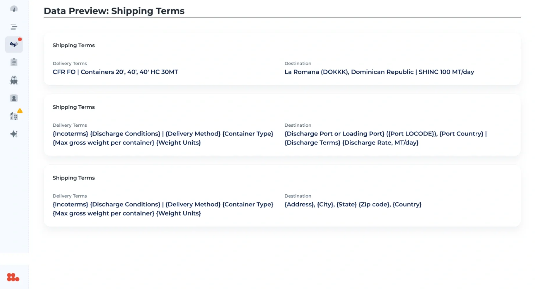 Data preview of the shipping terms, each line written as a template: {Incoterms} {Discharge Conditions} | {Delivery Method} {Container Type}.