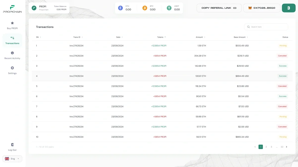 Transactions: ID, date, tokens, the amount in ETH, the base amount in USD and a status — pending, canceled or success.