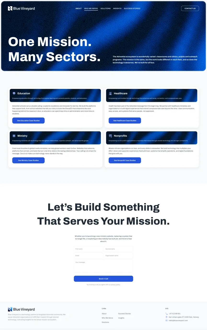 Blue Vineyard — Who we serve page, top of the design